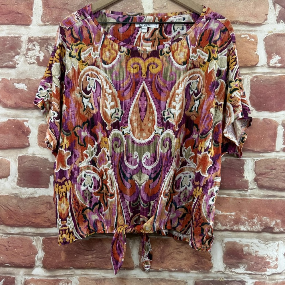 Chicos Top Womens XL Multicolor 100% Linen Boho Floral Abstract Tie Waist Shirt
